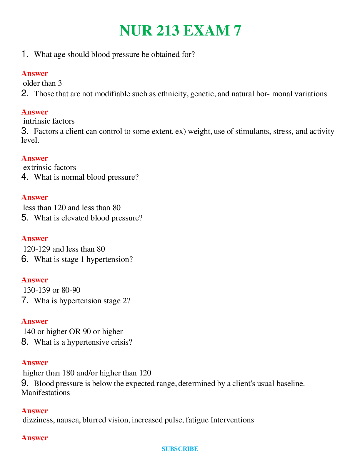 NUR 213   EXAM 7 | A SOLVED 100% CORRECT