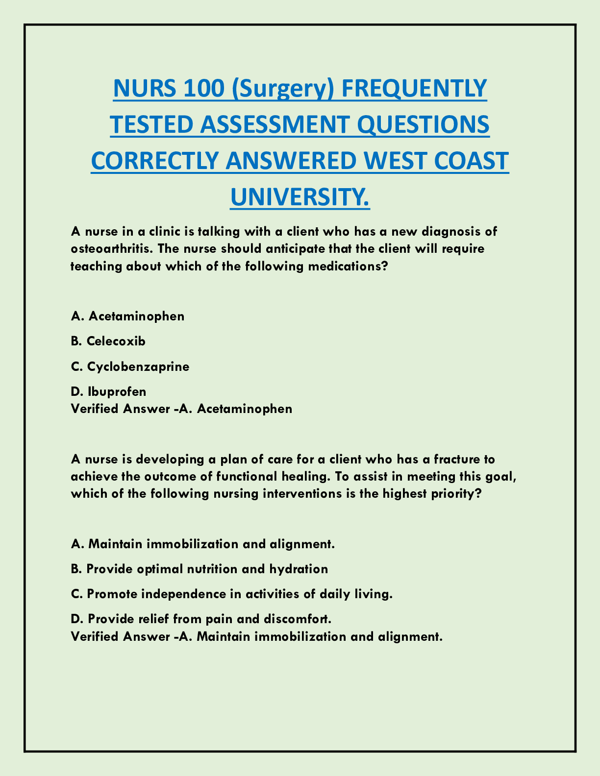 Preview image for NURS 100 (Surgery) FREQUENTLY  TESTED ASSESSMENT QUESTIONS  CORRECTLY ANSWERED WEST COAST  UNIVERSITY.