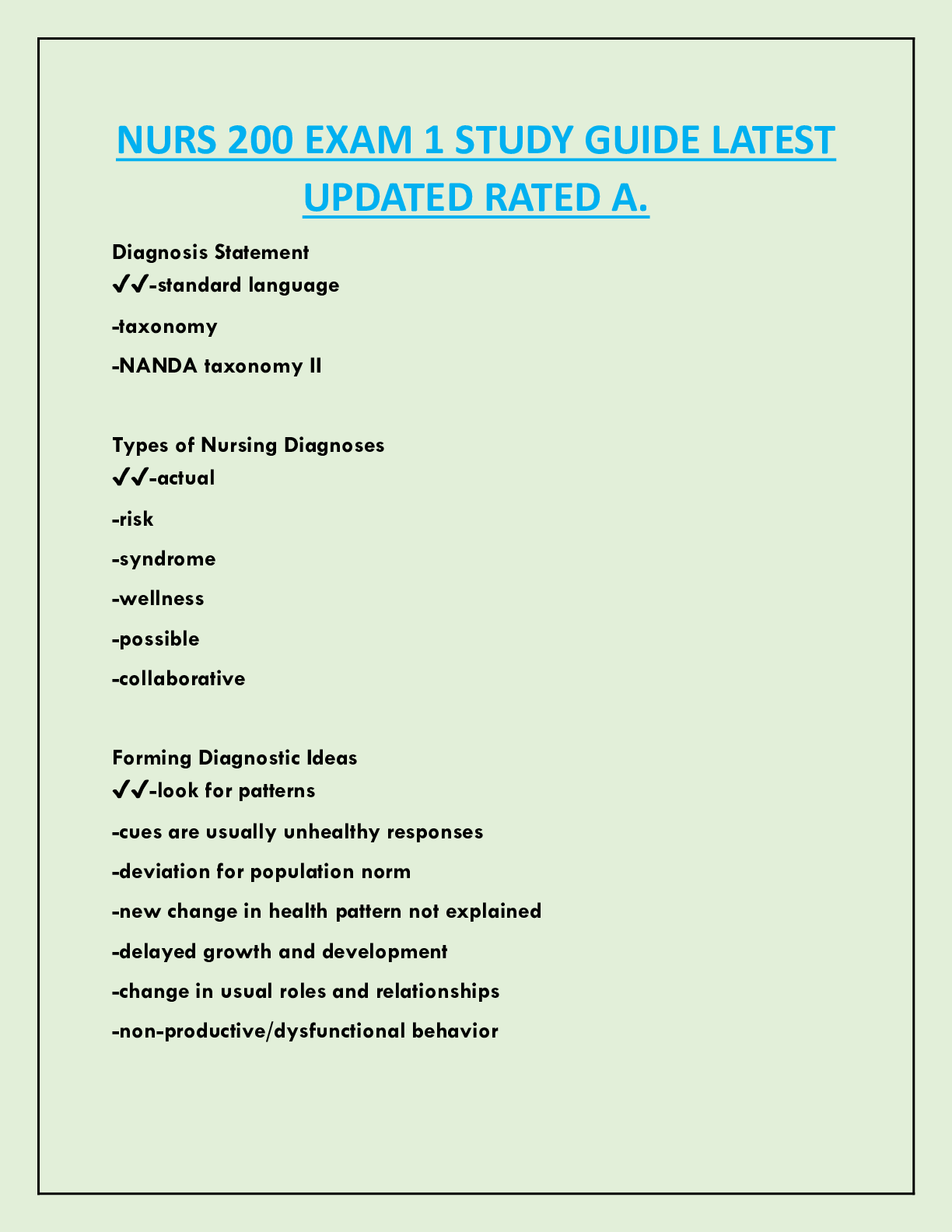 Preview image for NURS 200 EXAM 1 STUDY GUIDE LATEST  UPDATED RATED A.