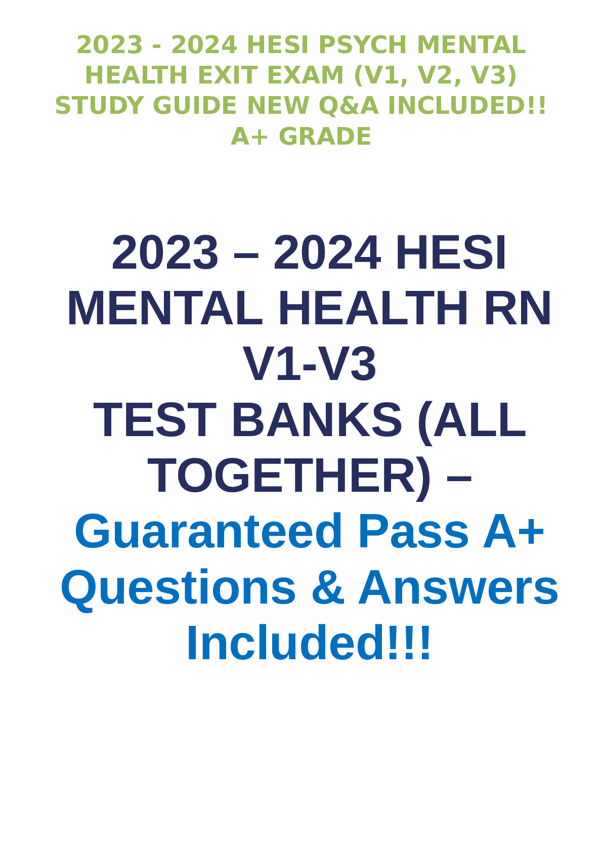 Recommended document preview for 2023 - 2024 HESI PSYCH MENTAL HEALTH EXIT EXAM (V1, V2, V3) STUDY GUIDE NEW Q&A INCLUDED!! A+ GRADE.pdf