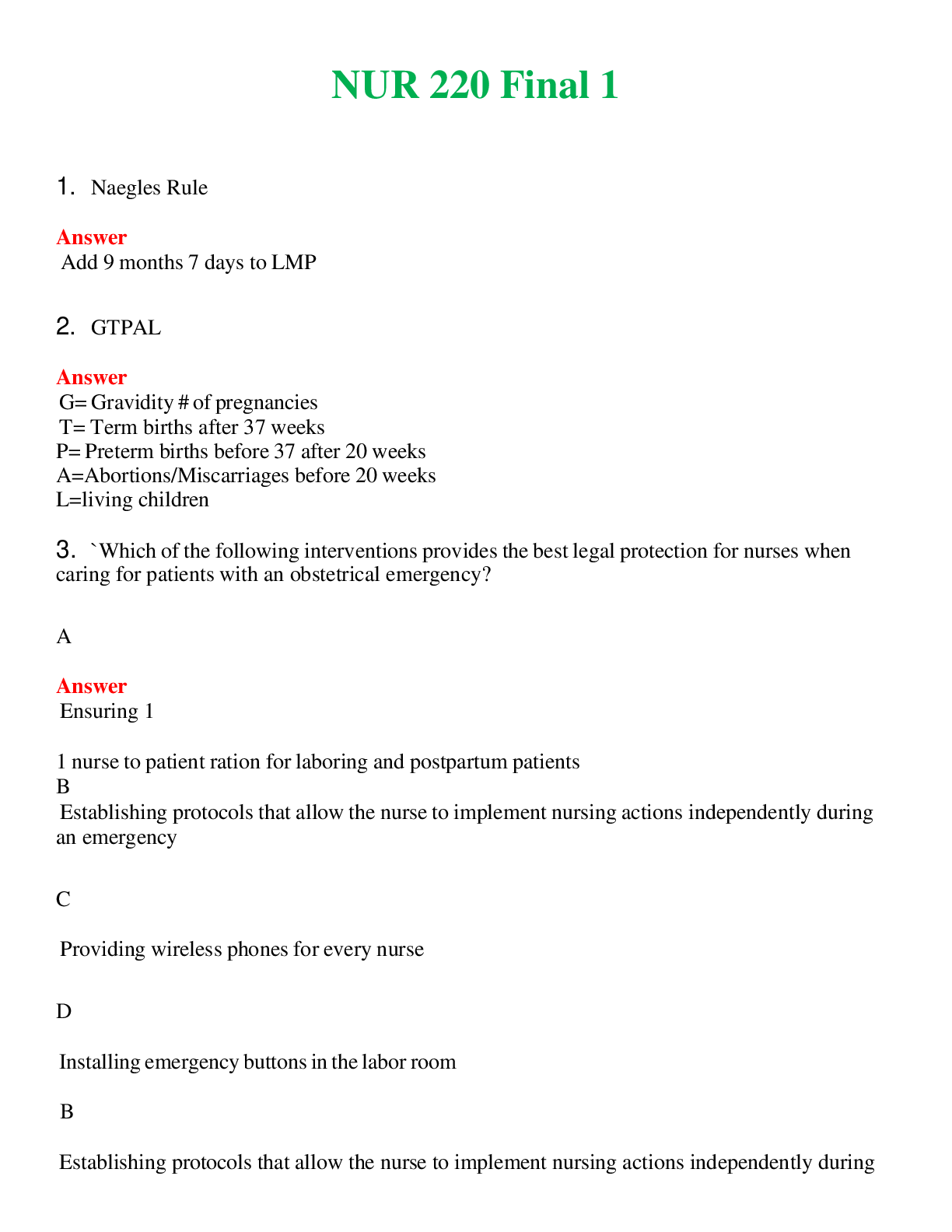 NUR 220   FINAL 1 | A SOLVED 100% CORRECT