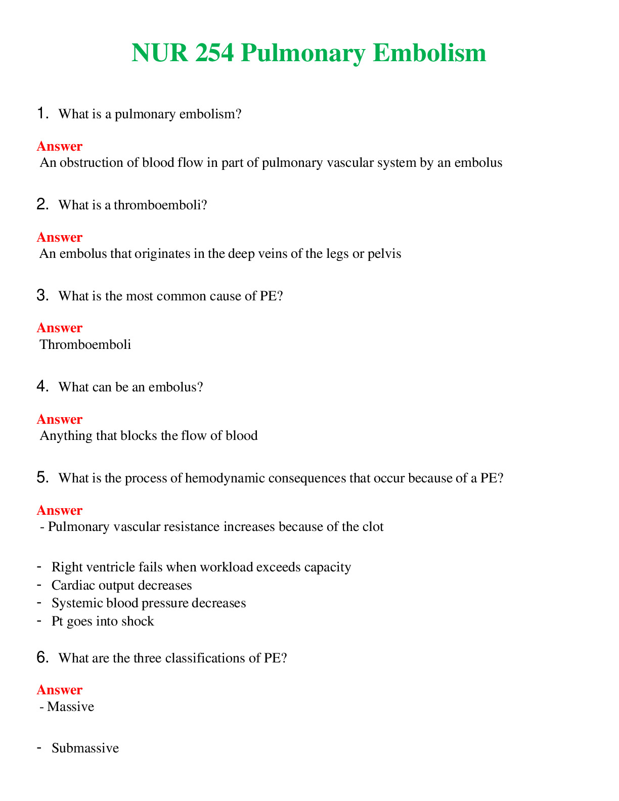 NUR 254   PULMONARY EMBOLISM | A SOLVED 100% CORRECT