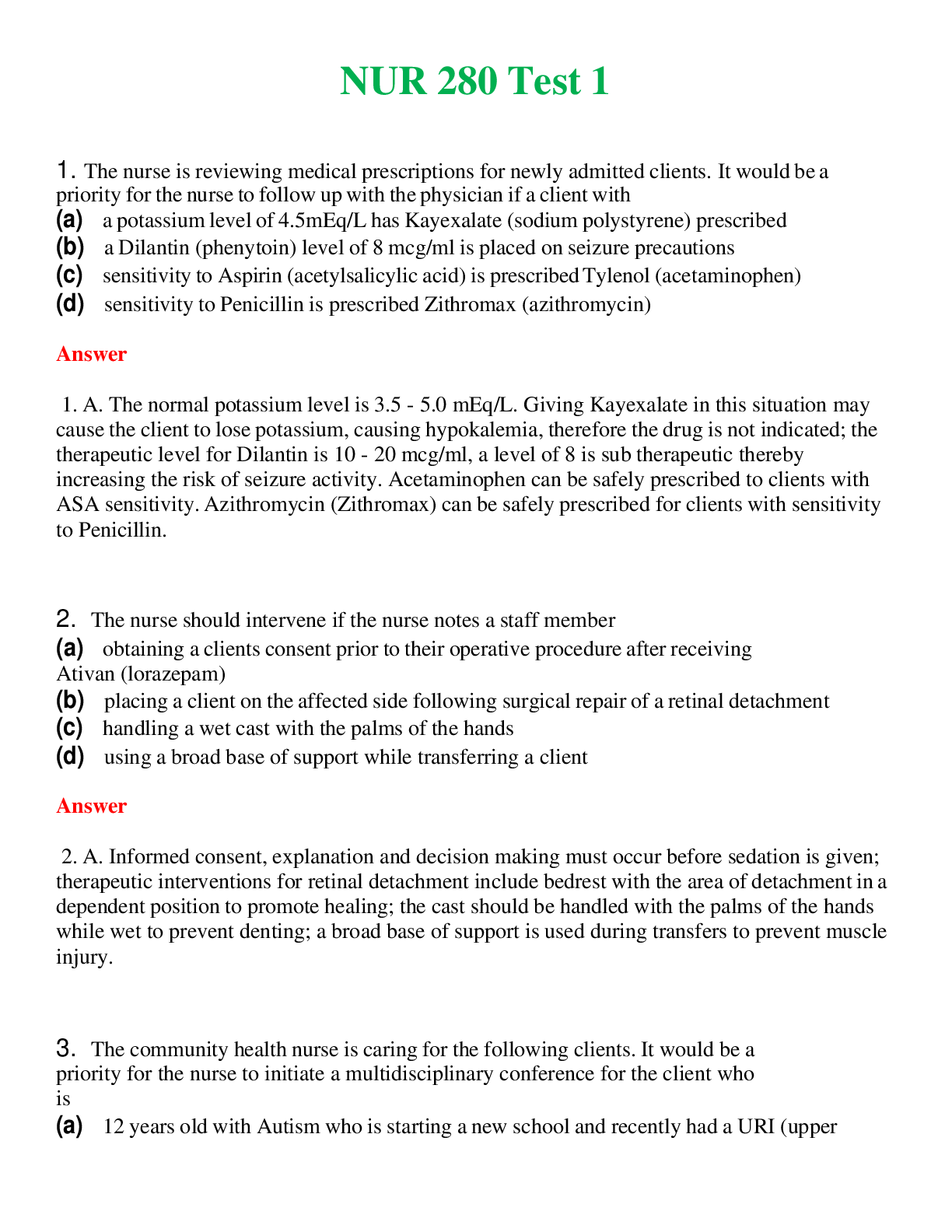 NUR 280   TEST 1 | ACTUAL QUESTIONS AND ANSWERS 100% CORRECT