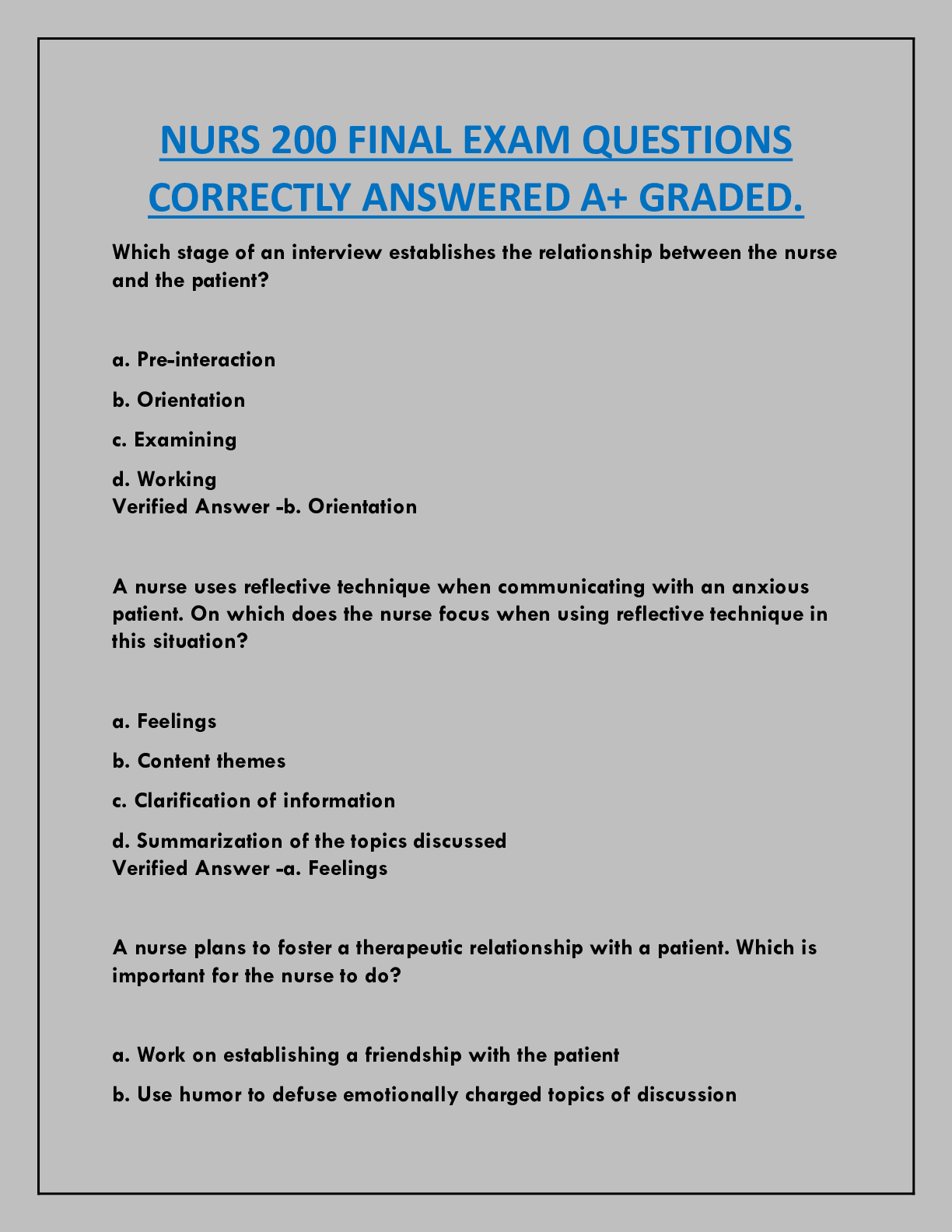 Preview image for NURS 200 FINAL EXAM QUESTIONS  CORRECTLY ANSWERED A+ GRADED.