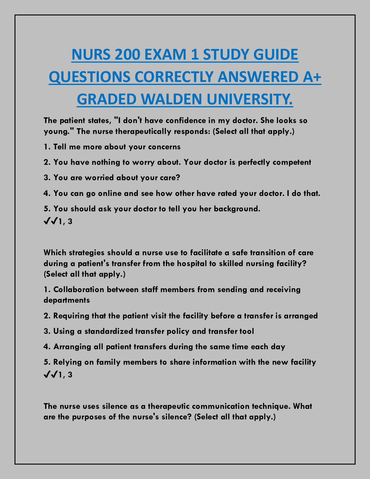 Preview image for NURS 200 EXAM 1 STUDY GUIDE  QUESTIONS CORRECTLY ANSWERED A+  GRADED WALDEN UNIVERSITY