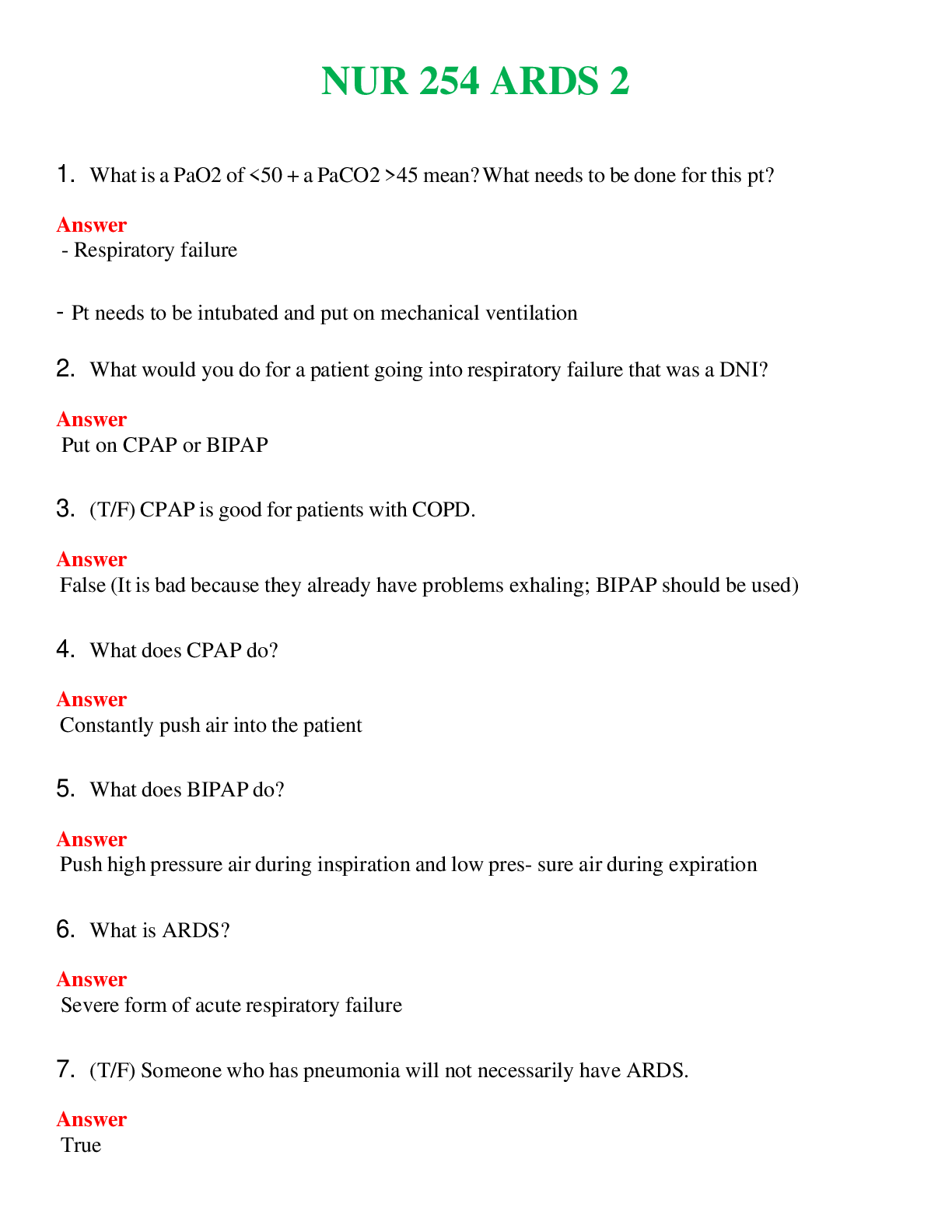 NUR 254   ARDS 2 | COMPLETE ANSWERS 100% CORRECT