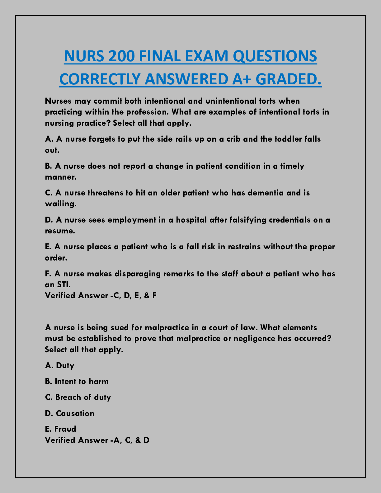 Preview image for NURS 200 FINAL EXAM QUESTIONS  CORRECTLY ANSWERED A+ GRADED.