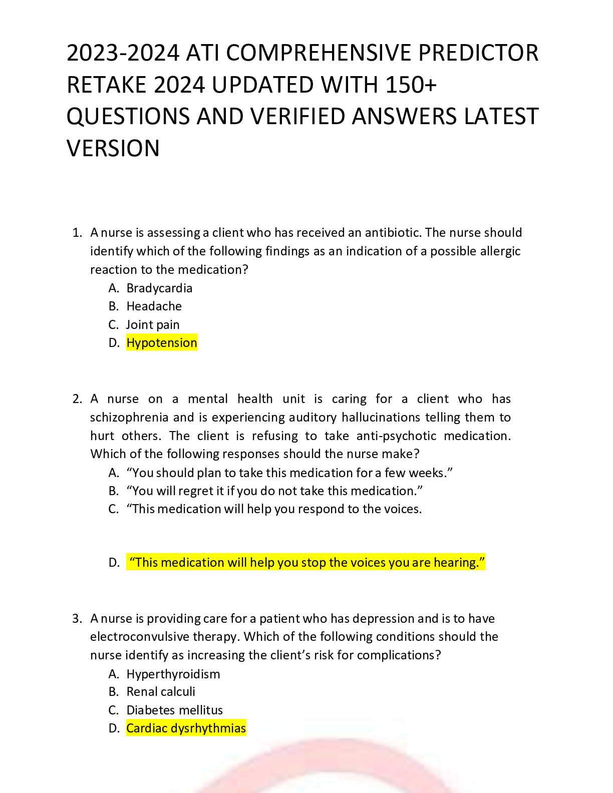 Preview of 2023-2024 ATI COMPREHENSIVE PREDICTOR RETAKE 2024 UPDATED WITH 150+ QUESTIONS AND VERIFIED ANSWERS LATEST VERSION.pdf