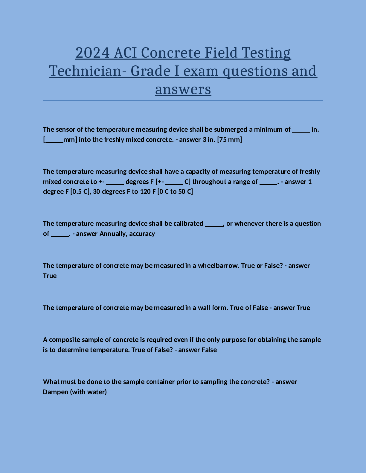 Recommended document preview for 2024 ACI Concrete Field Testing Technician- Grade I exam questions and answers.pdf
