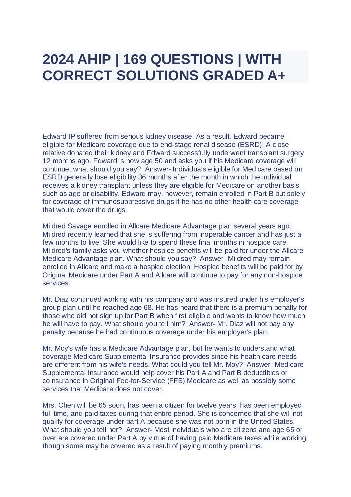 Preview of 2024 AHIP 169 QUESTIONS WITH CORRECT SOLUTIONS GRADED A+.pdf