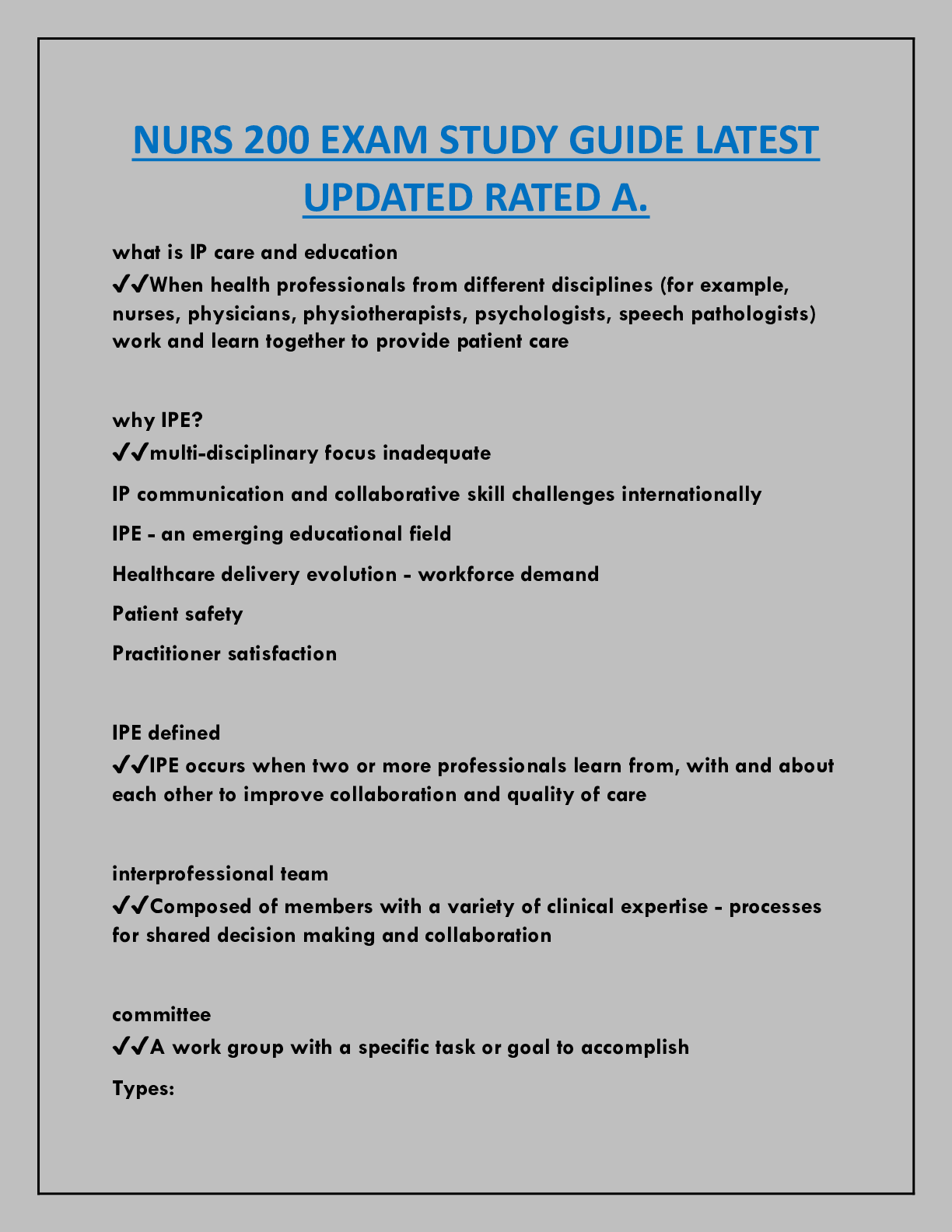 Preview image for NURS 200 EXAM STUDY GUIDE LATEST  UPDATED RATED A.