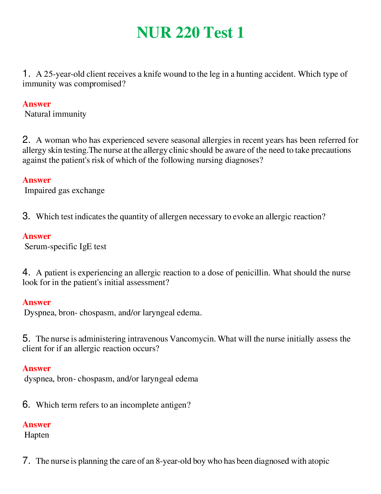 NUR 220   TEST 1 | ACTUAL QUESTIONS AND ANSWERS 100% CORRECT