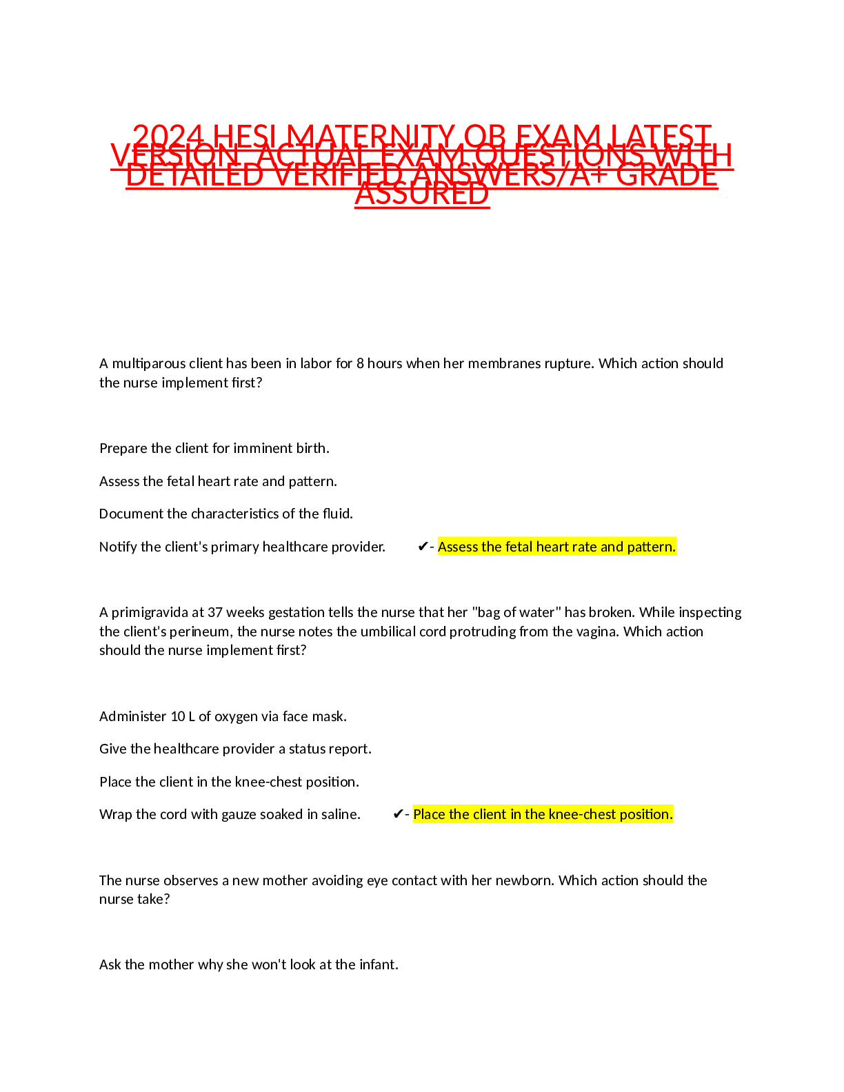 Preview of 2024 HESI MATERNITY OB EXAM LATEST VERSION ACTUAL EXAM QUESTIONS WITH DETAILED VERIFIED ANSWERSA+ GRADE ASSURED.pdf