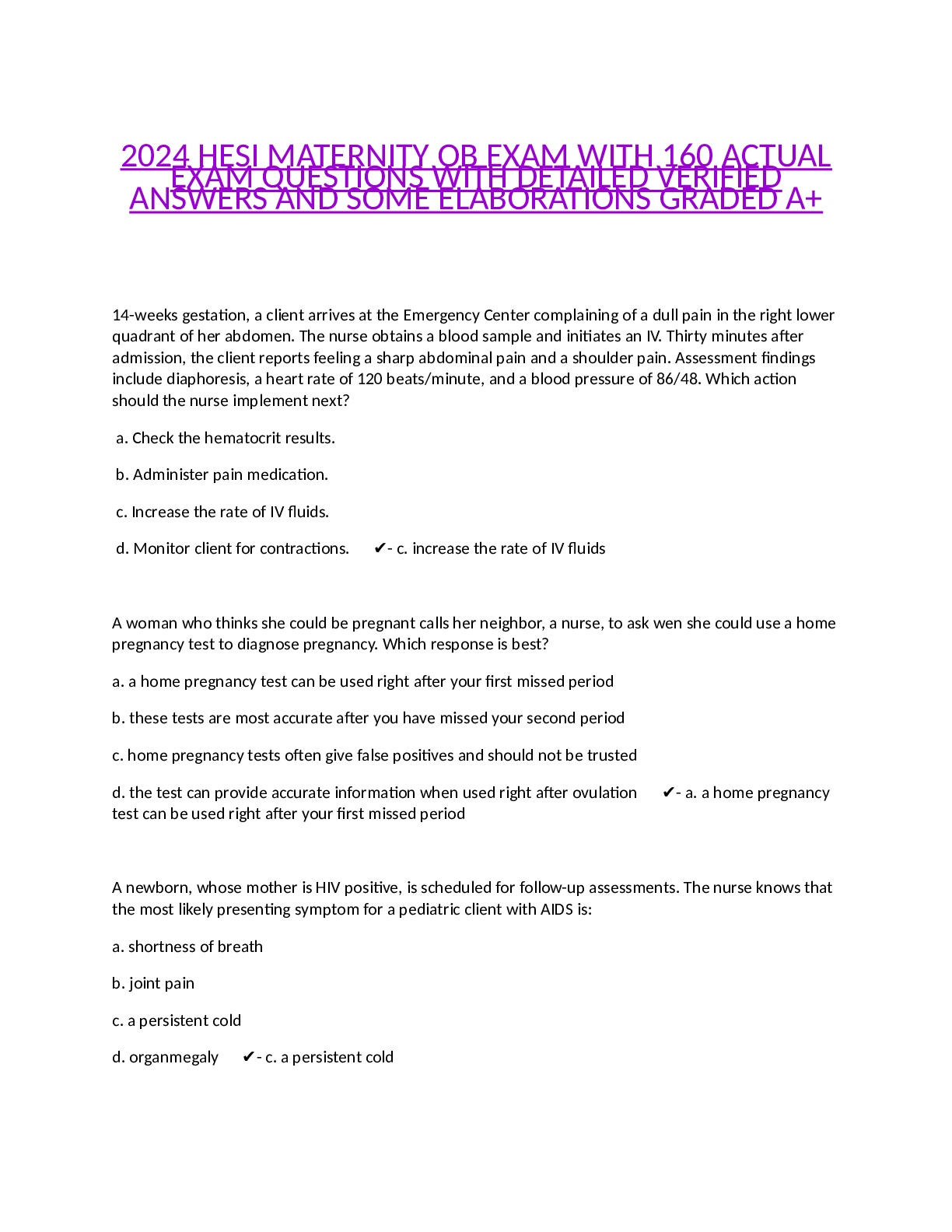 Recommended document preview for 2024 HESI MATERNITY OB EXAM WITH 160 ACTUAL EXAM QUESTIONS WITH DETAILED VERIFIED ANSWERS AND SOME