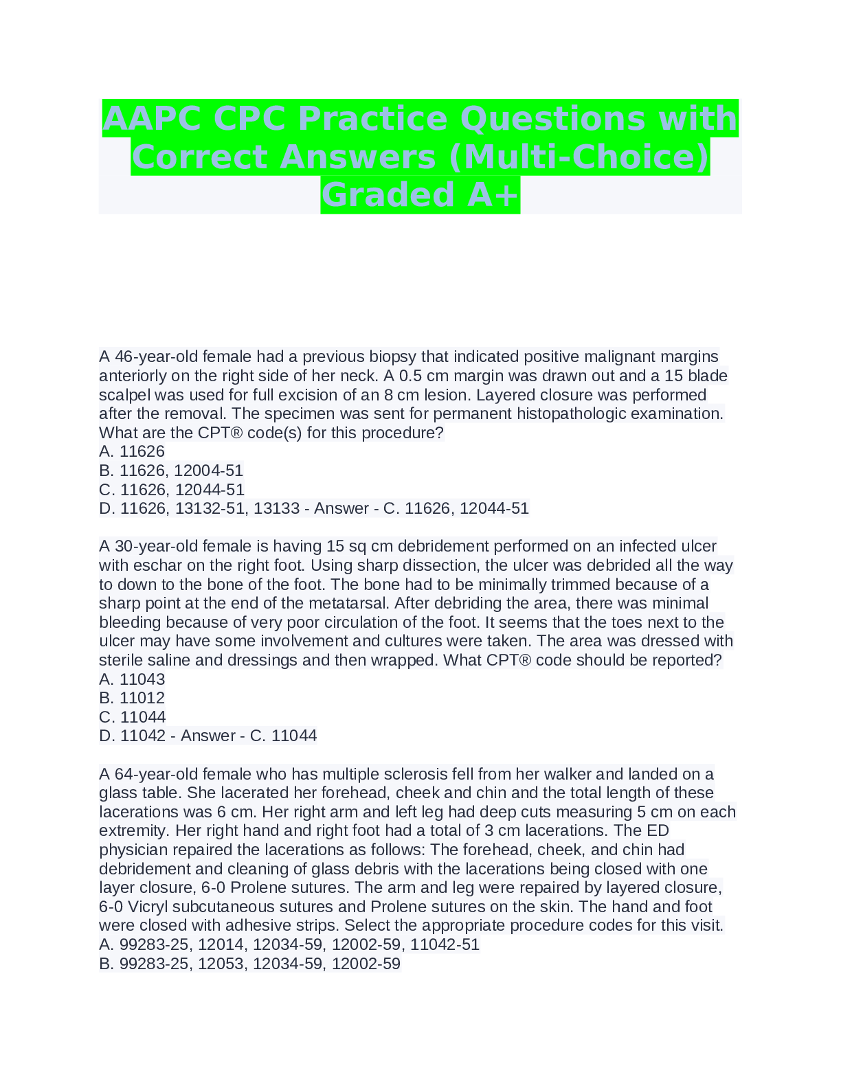 Preview of AAPC CPC Practice Questions with Correct Answers (Multi-Choice) Graded A+.pdf