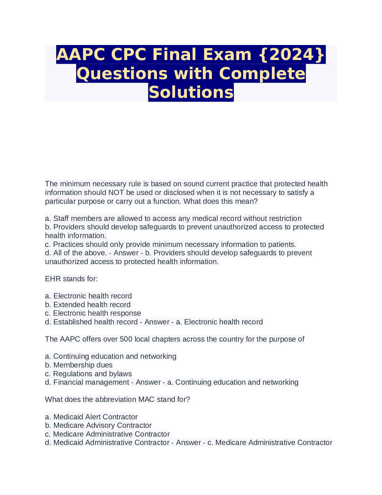 Preview of AAPC CPC Final Exam {2024} Questions with Complete Solutions.pdf