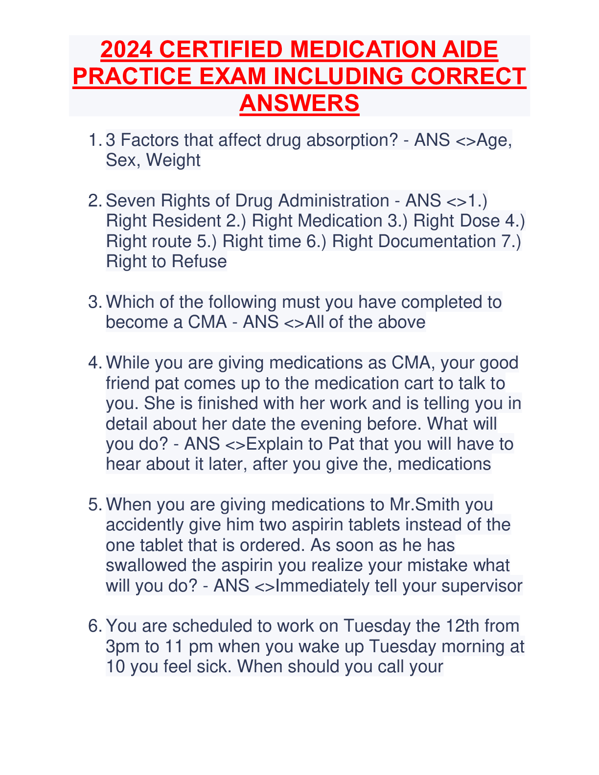 Preview of 2024 CERTIFIED MEDICATION AIDE PRACTICE EXAM INCLUDING CORRECT ANSWERS.pdf