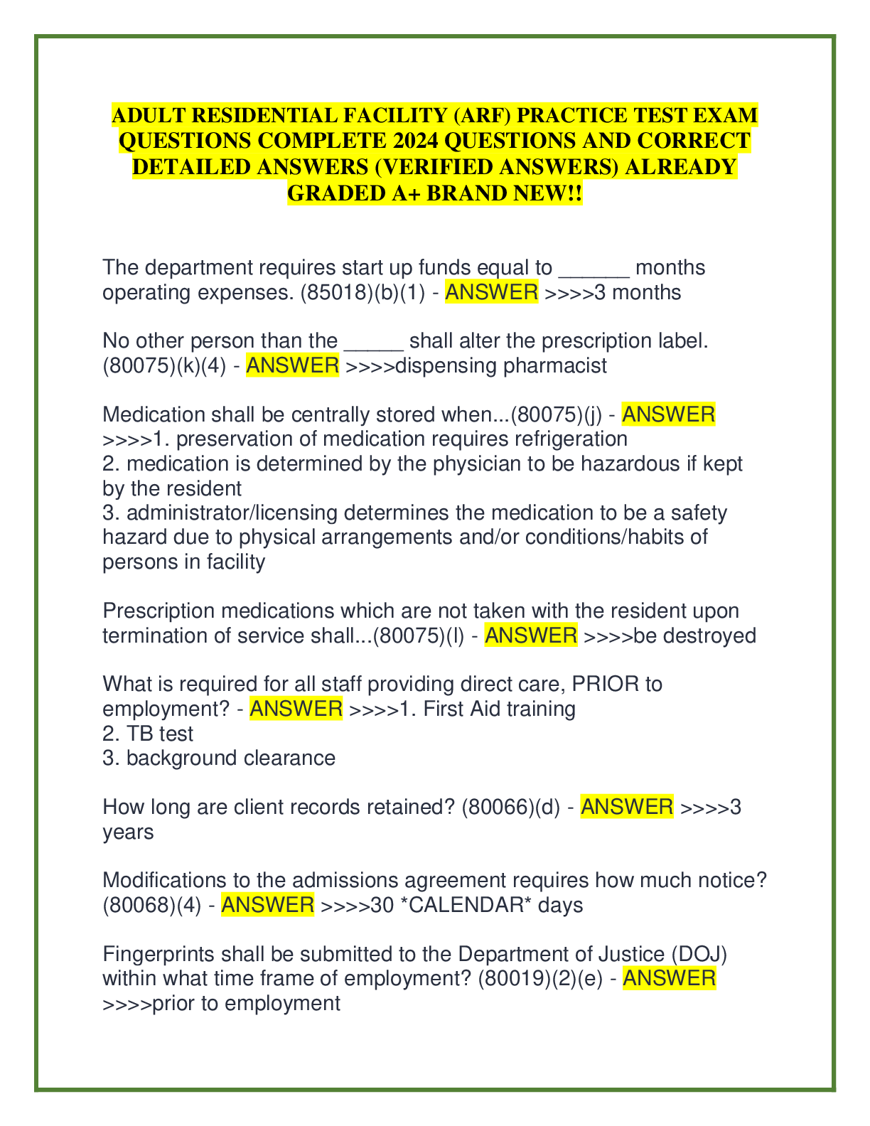 Preview of ADULT RESIDENTIAL FACILITY (ARF) PRACTICE TEST EXAM QUESTIONS COMPLETE 2024 QUESTIONS AND CORRECT DETAILED ANSWERS (VERIFIED ANSWERS) ALREADY GRADED A+ BRAND NEW!!.pdf