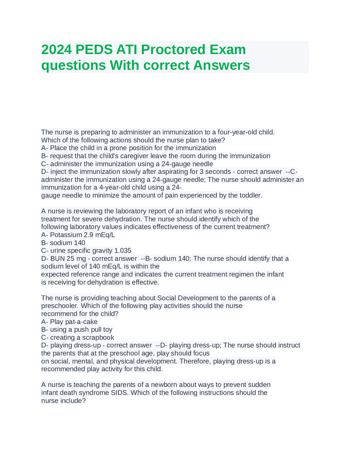 Preview of 2024 PEDS ATI Proctored Exam questions With correct Answers.pdf