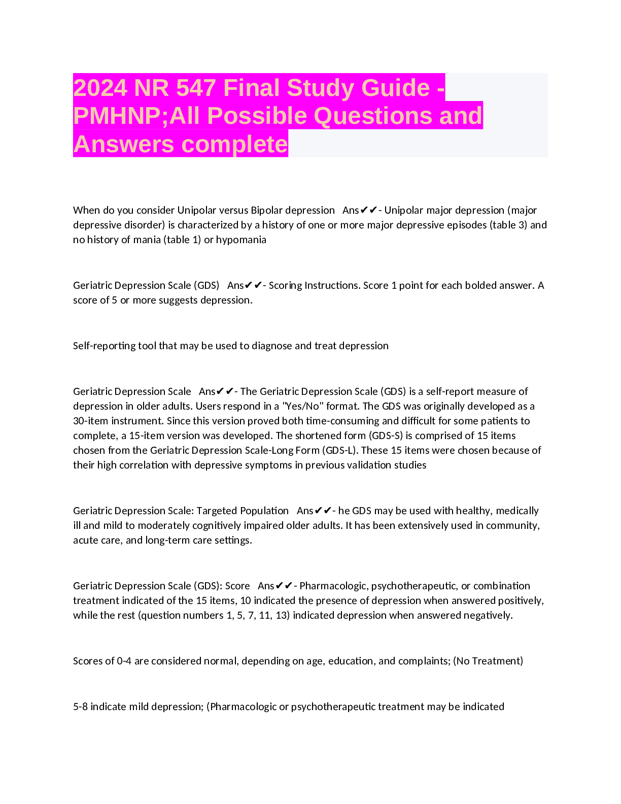 Preview of 2024 NR 547 Final Study Guide - PMHNP;All Possible Questions and Answers complete.pdf