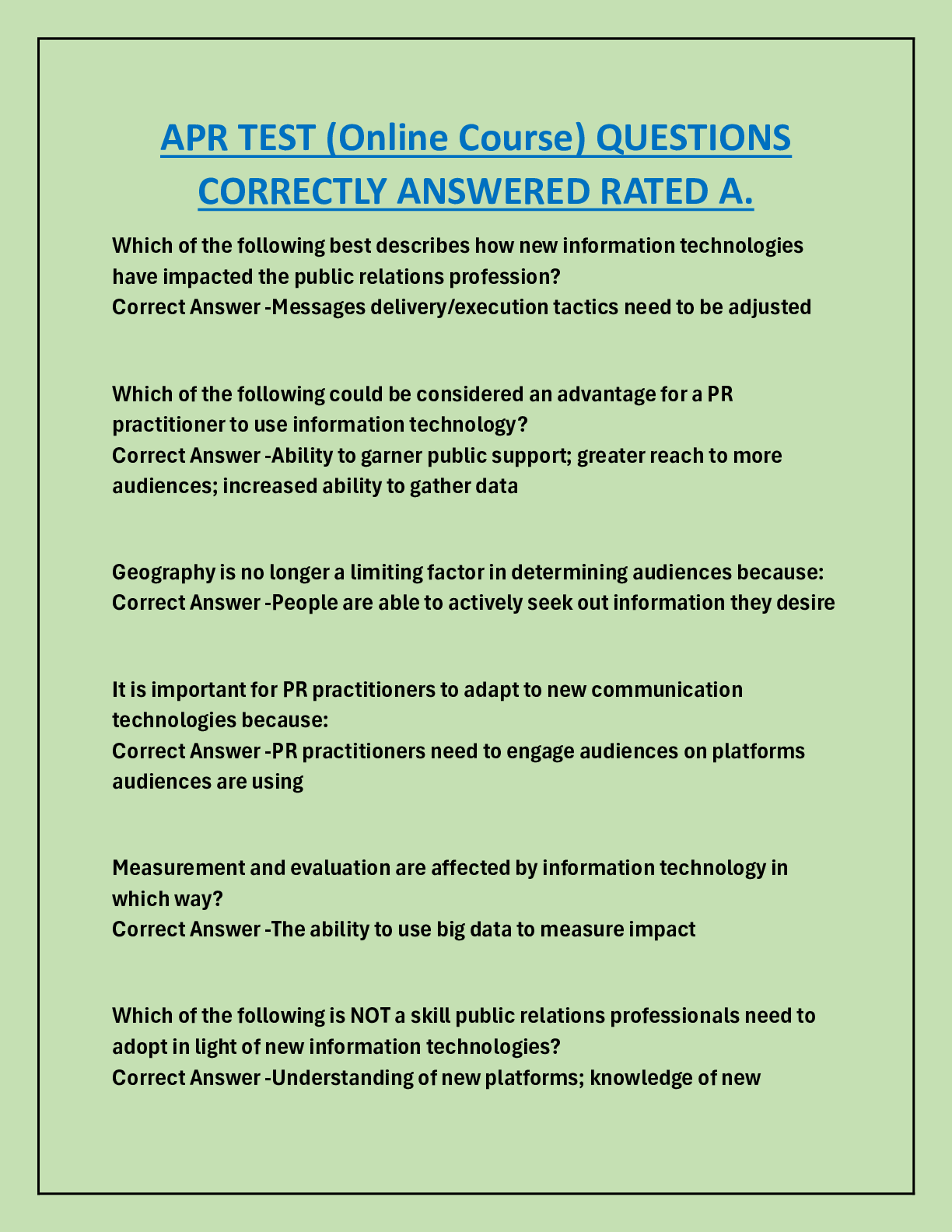 Preview image for APR TEST (Online Course) QUESTIONS  CORRECTLY ANSWERED RATED A.