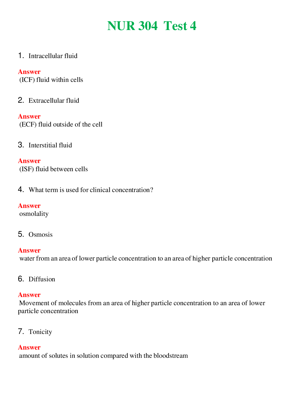NUR 304   TEST 4 | ACTUAL QUESTIONS AND ANSWERS 100% CORRECT