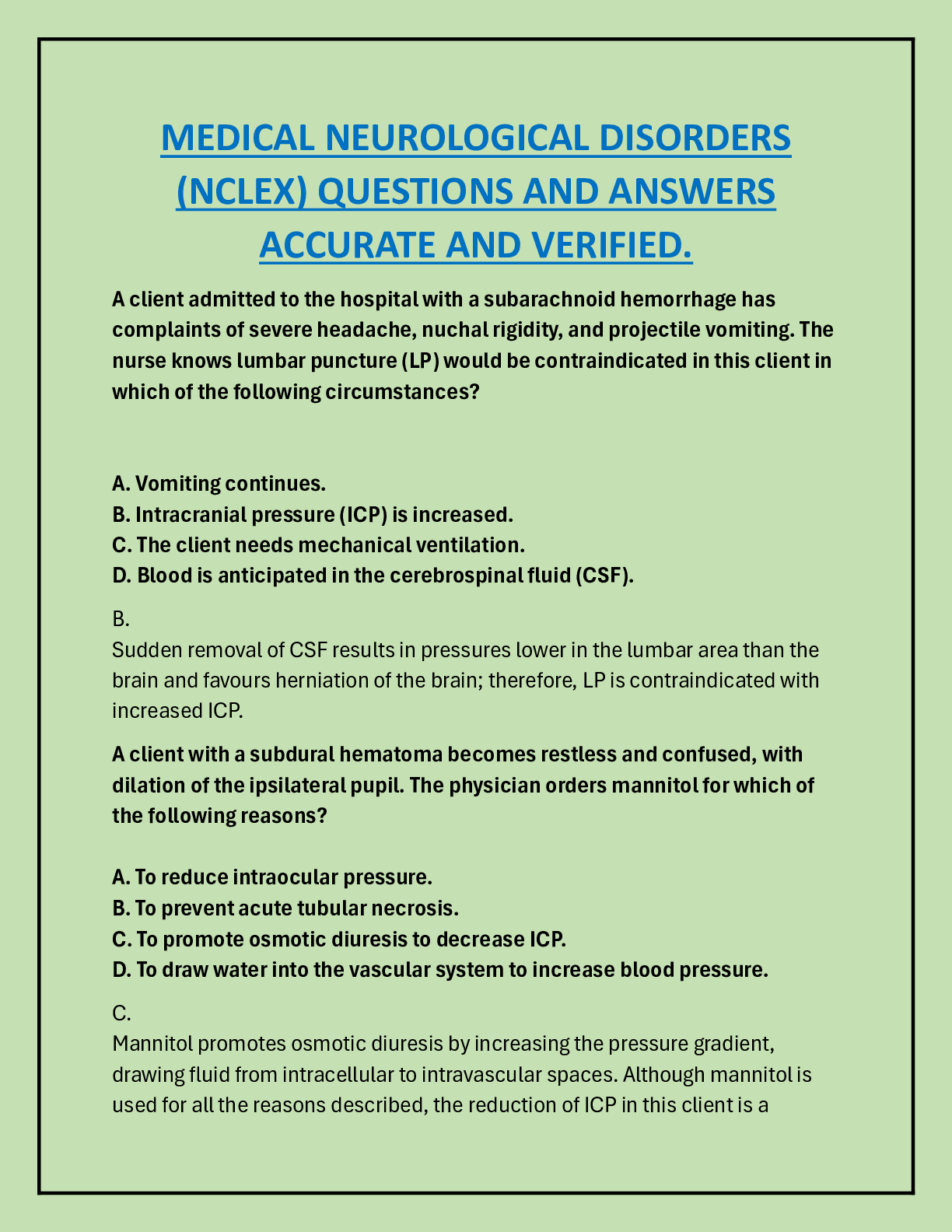 Preview image for MEDICAL NEUROLOGICAL DISORDERS  (NCLEX) QUESTIONS AND ANSWERS  ACCURATE AND VERIFIED.