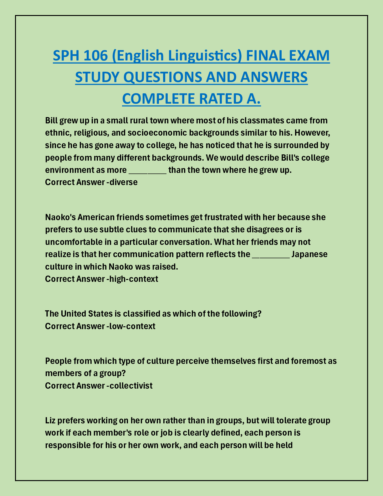 Preview image for SPH 106 (English Linguistics) FINAL EXAM  STUDY QUESTIONS AND ANSWERS  COMPLETE RATED A.