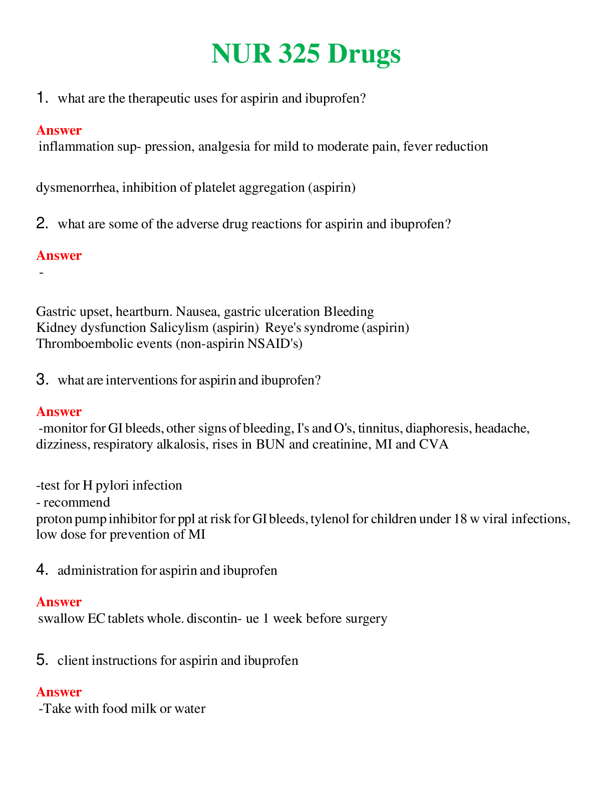 NUR 325   DRUGS | ACTUAL QUESTIONS AND ANSWERS 100% CORRECT