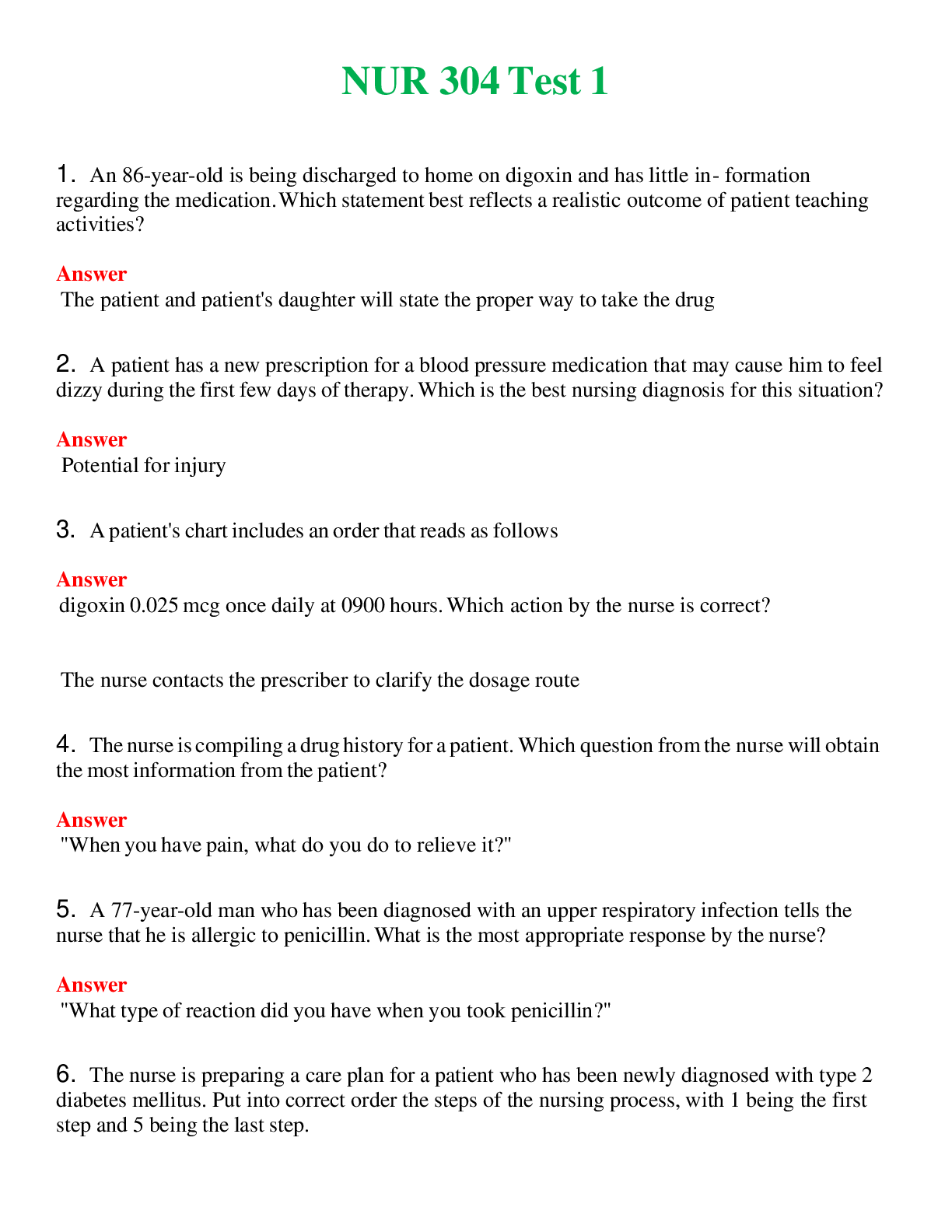 NUR 304   TEST 1 | NEW FULL QUESTIONS AND ANSWERS 100% CORRECT