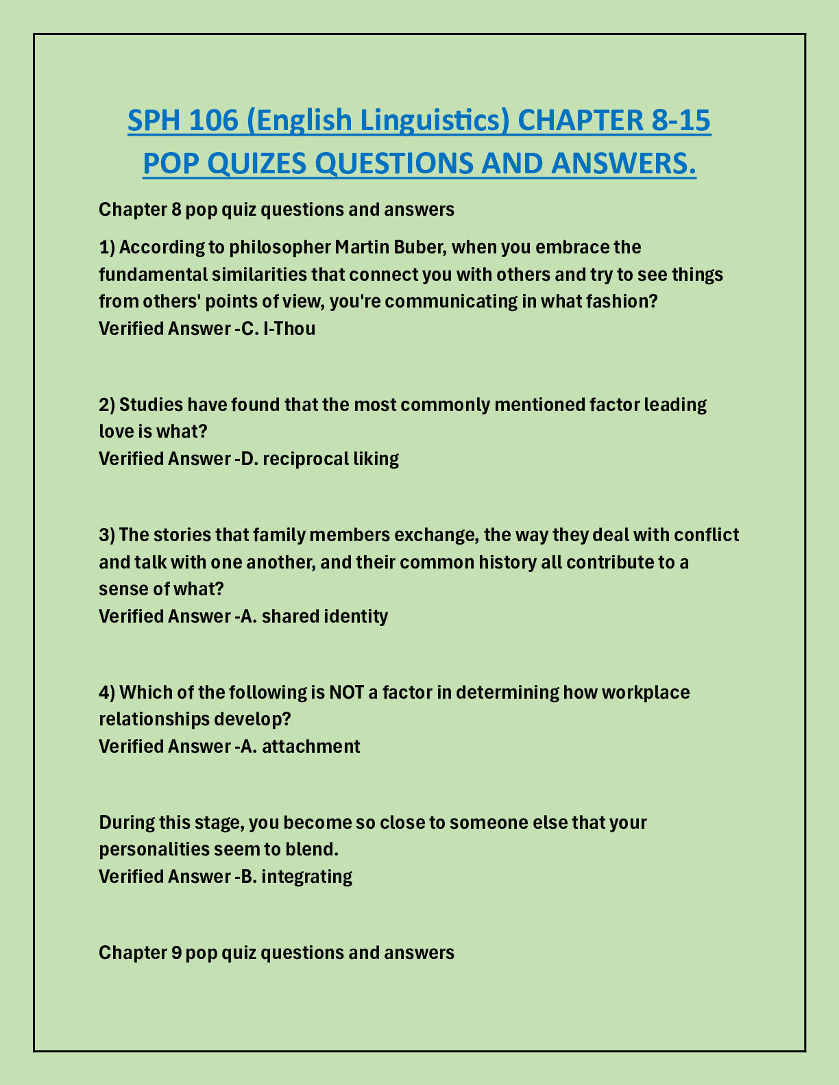 Preview image for SPH 106 (English Linguistics) CHAPTER 8-15  POP QUIZES QUESTIONS AND ANSWERS.