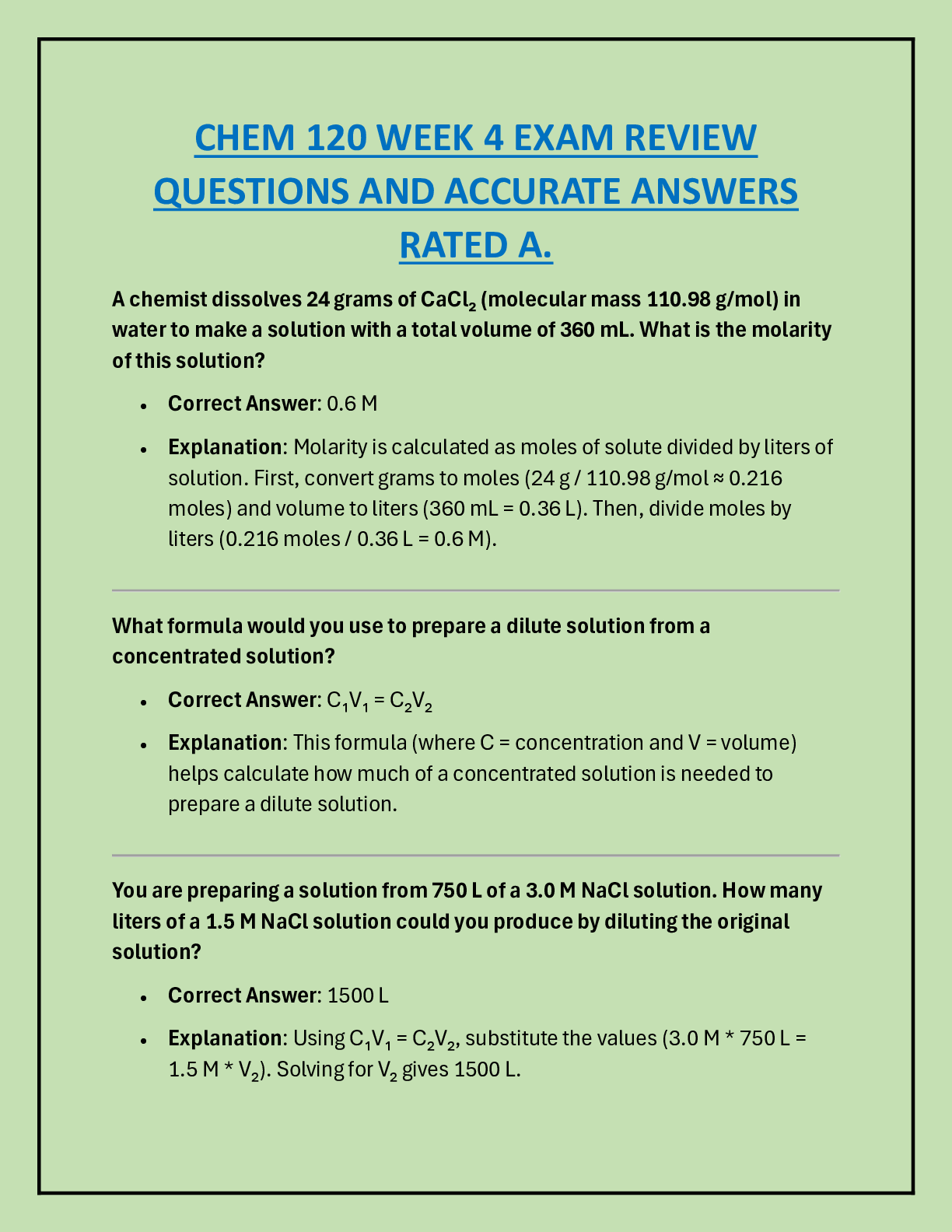 Preview image for CHEM 120 WEEK 4 EXAM REVIEW  QUESTIONS AND ACCURATE ANSWERS RATED A.