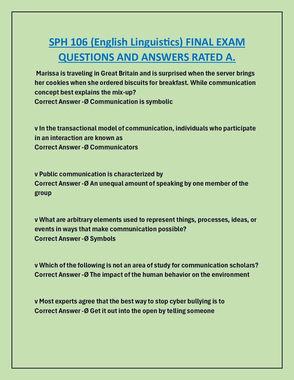 Preview image for SPH 106 (English Linguistics) FINAL EXAM  QUESTIONS AND ANSWERS RATED A.