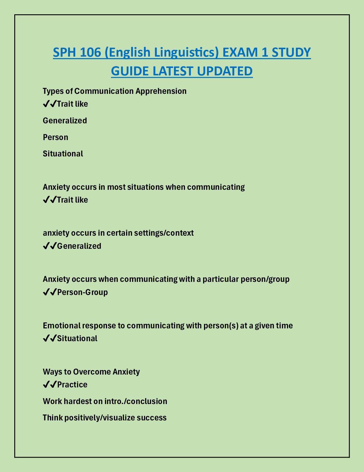 Preview image for SPH 106 (English Linguistics) EXAM 1 STUDY GUIDE LATEST UPDATED