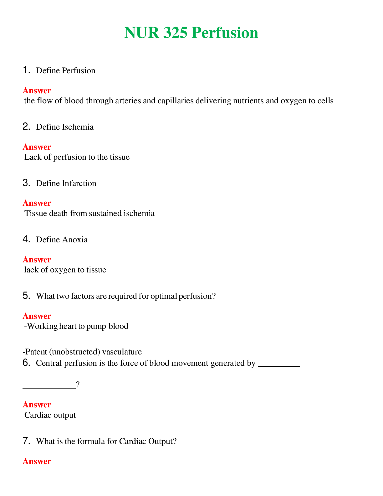 NUR 325   PERFUSION | A SOLVED 100% CORRECT