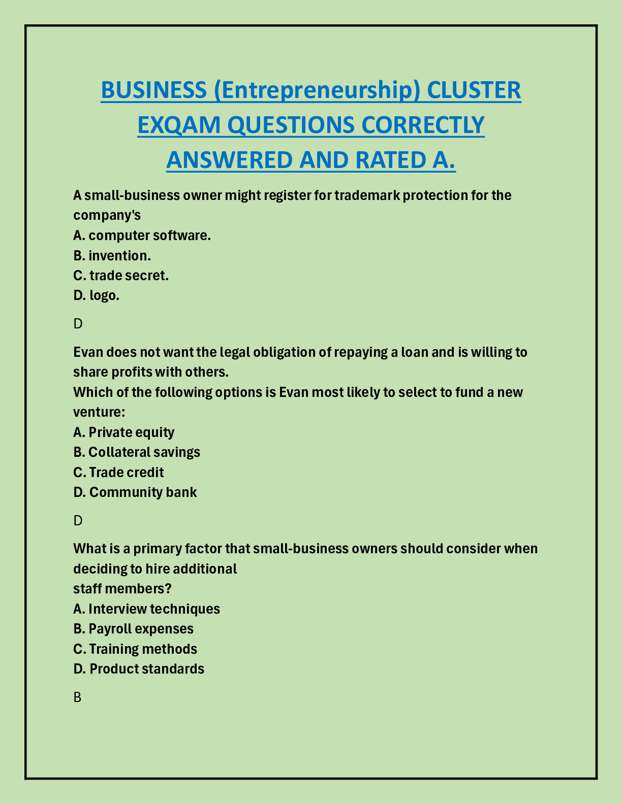 Preview image for BUSINESS (Entrepreneurship) CLUSTER  EXAM QUESTIONS CORRECTLY  ANSWERED AND RATED A.