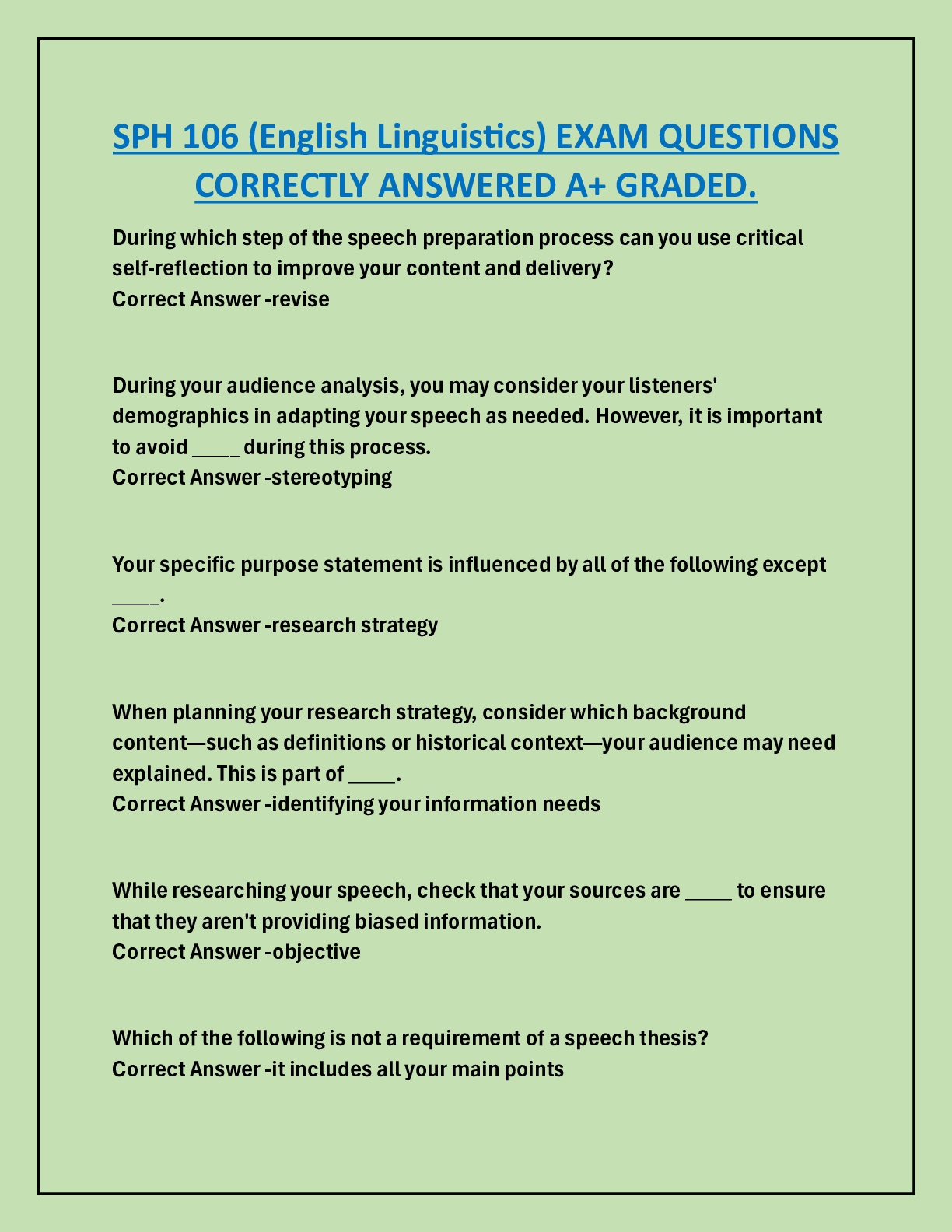 Preview image for SPH 106 (English Linguistics) EXAM QUESTIONS  CORRECTLY ANSWERED A+ GRADED.