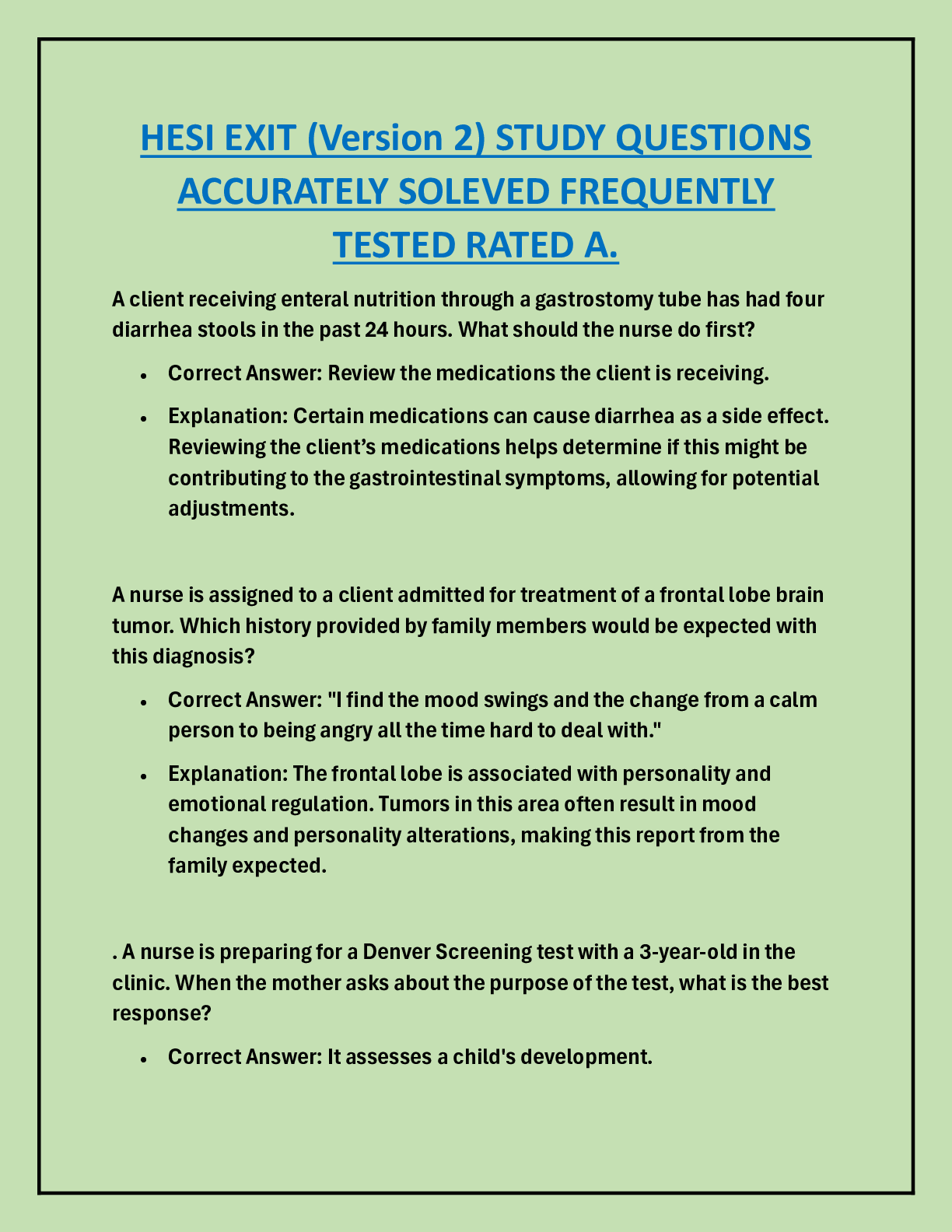 Preview image for HESI EXIT (Version 2) STUDY QUESTIONS ACCURATELY SOLEVED FREQUENTLY  TESTED RATED A.