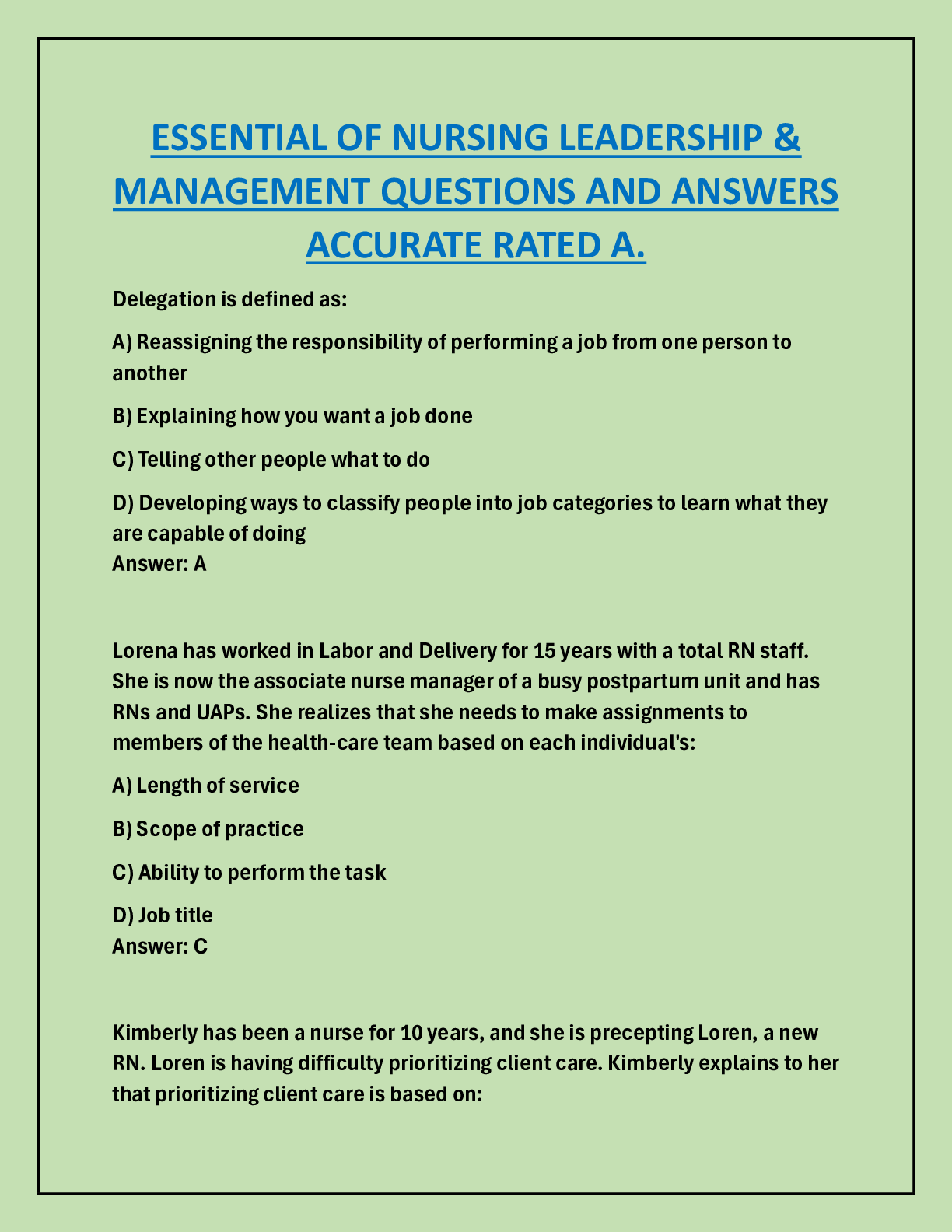 Preview image for ESSENTIAL OF NURSING LEADERSHIP &  MANAGEMENT QUESTIONS AND ANSWERS  ACCURATE RATED A.