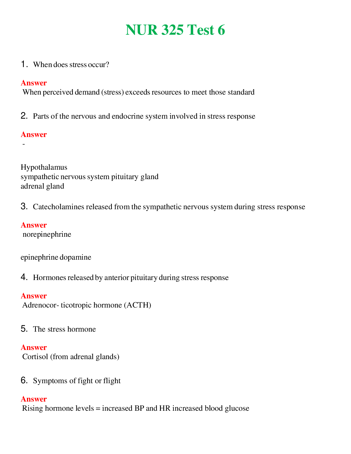 NUR 325   TEST 6 | A SOLVED 100% CORRECT