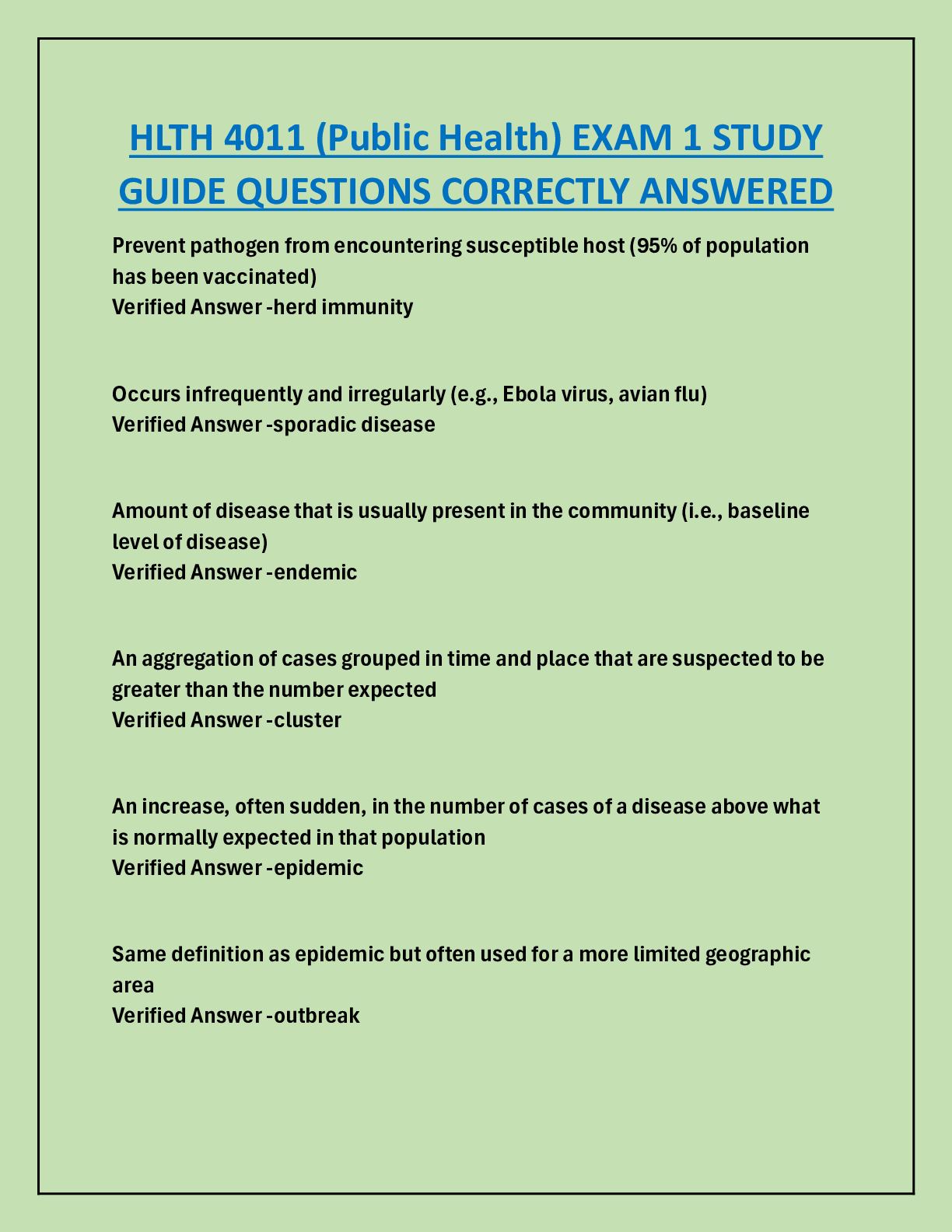 Preview image for HLTH 4011 (Public Health) EXAM 1 STUDY  GUIDE QUESTIONS CORRECTLY ANSWERED
