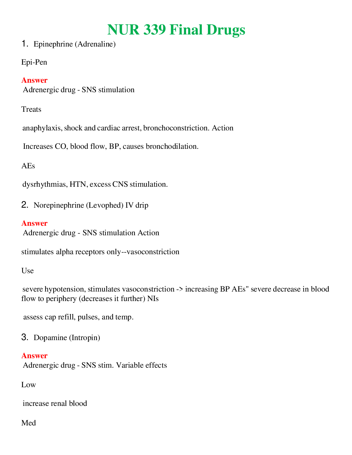 NUR 339   FINAL DRUGS | QUESTIONS & ANSWERS (SOLVED)