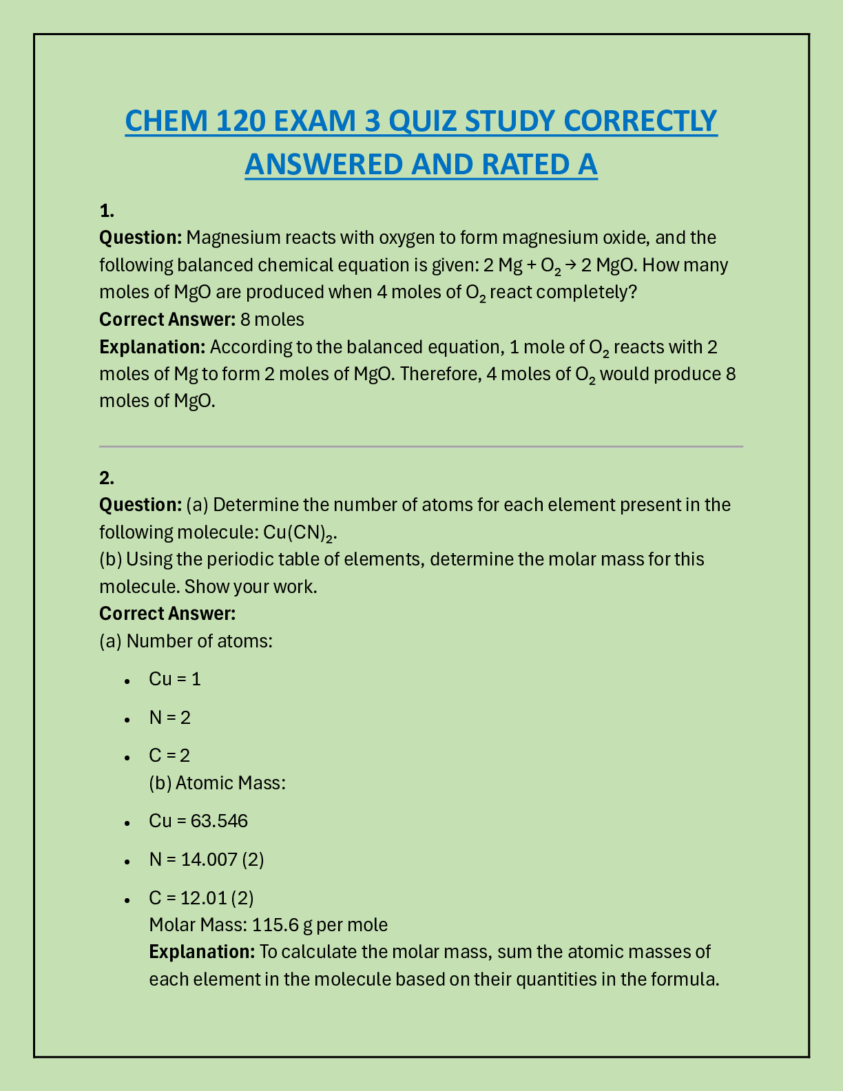 Preview image for CHEM 120 EXAM 3 QUIZ STUDY CORRECTLY  ANSWERED AND RATED A