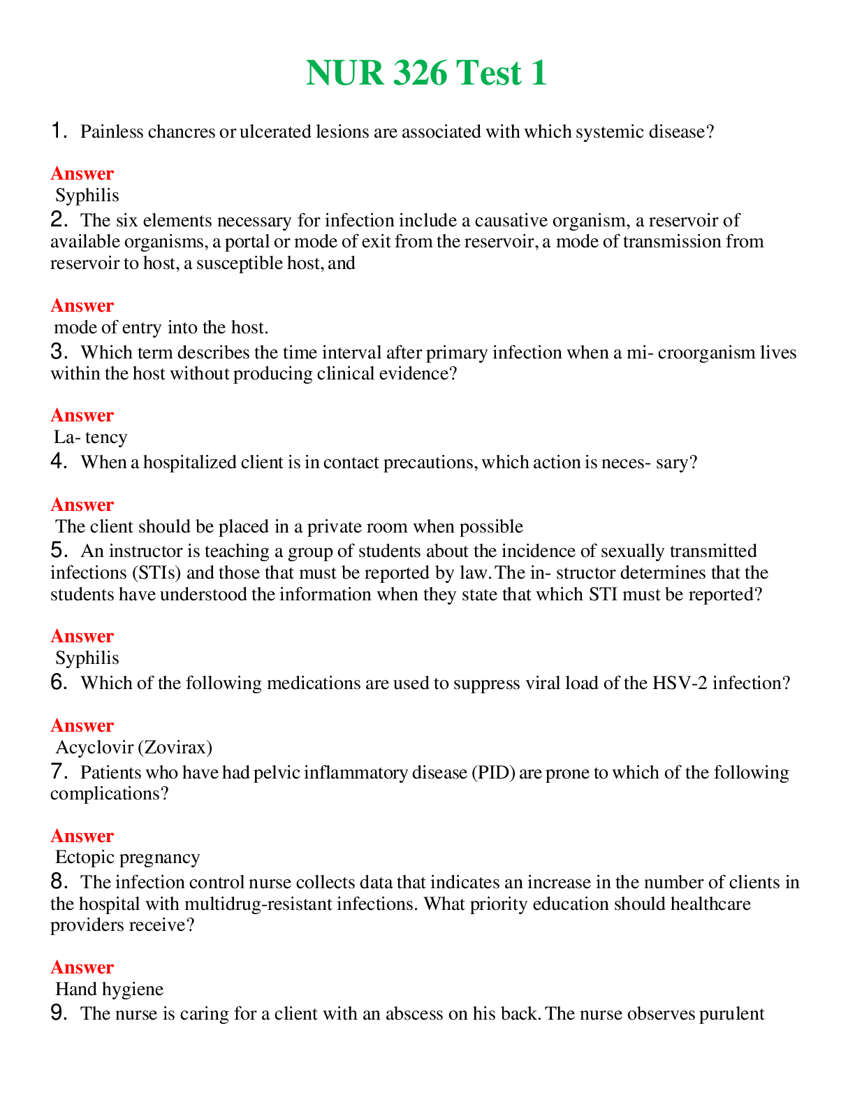 NUR 326   TEST 1 | WITH 100% VERIFIED ANSWERS