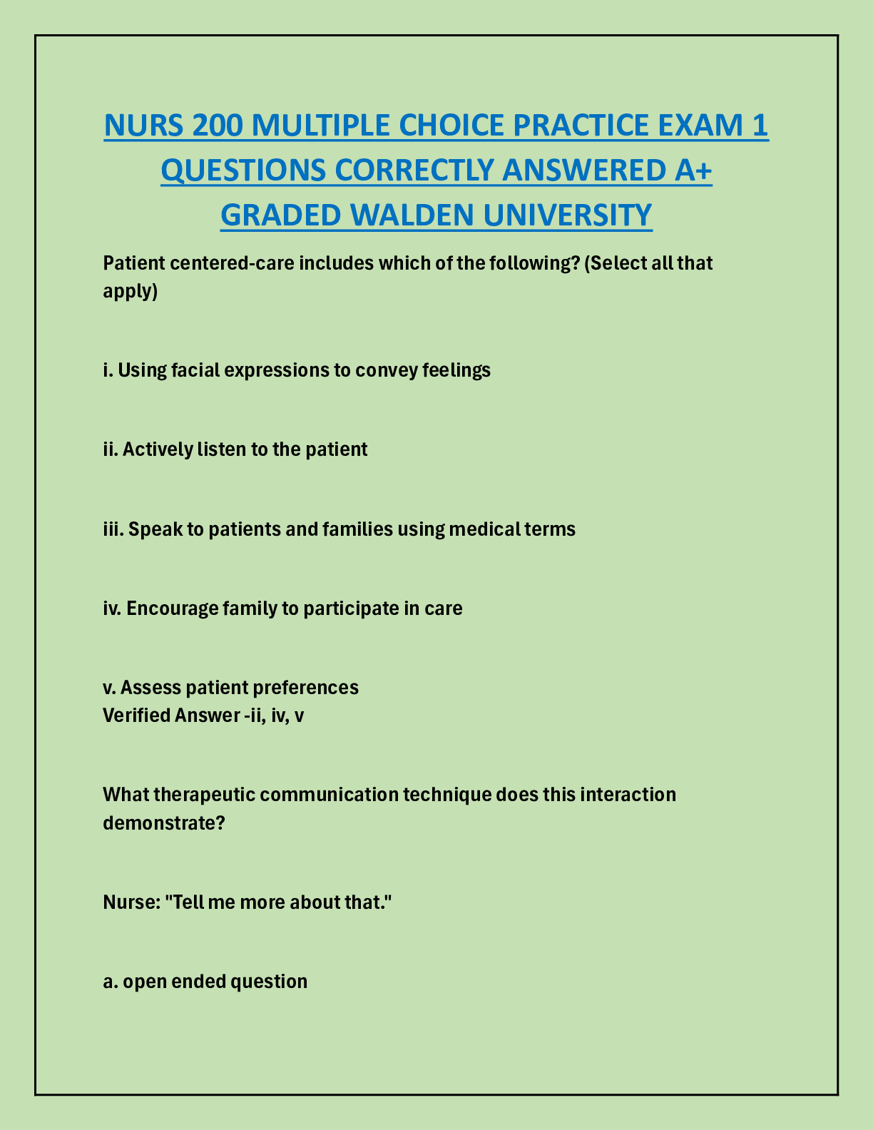 Preview image for NURS 200 MULTIPLE CHOICE PRACTICE EXAM 1  QUESTIONS CORRECTLY ANSWERED A+  GRADED WALDEN UNIVERSITY