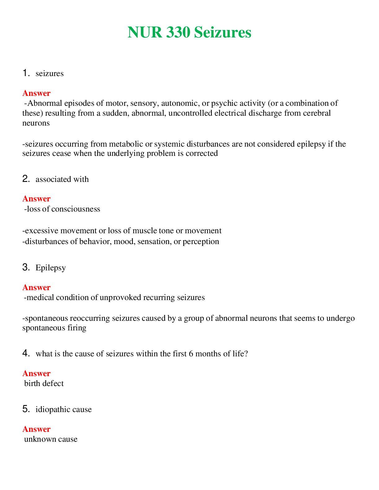 NUR 330   SEIZURES | GRADED A+ SOLVED 100% CORRECT