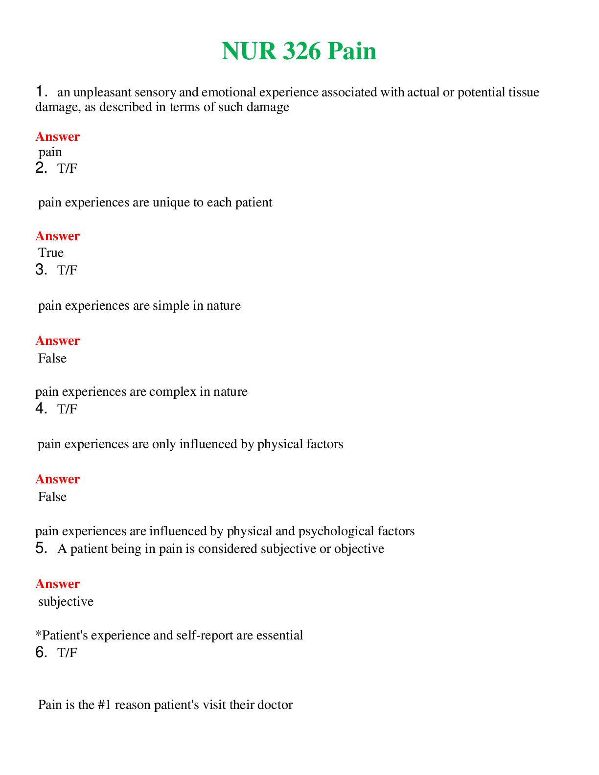 NUR 326   PAIN | COMPLETE ANSWERS 100% CORRECT