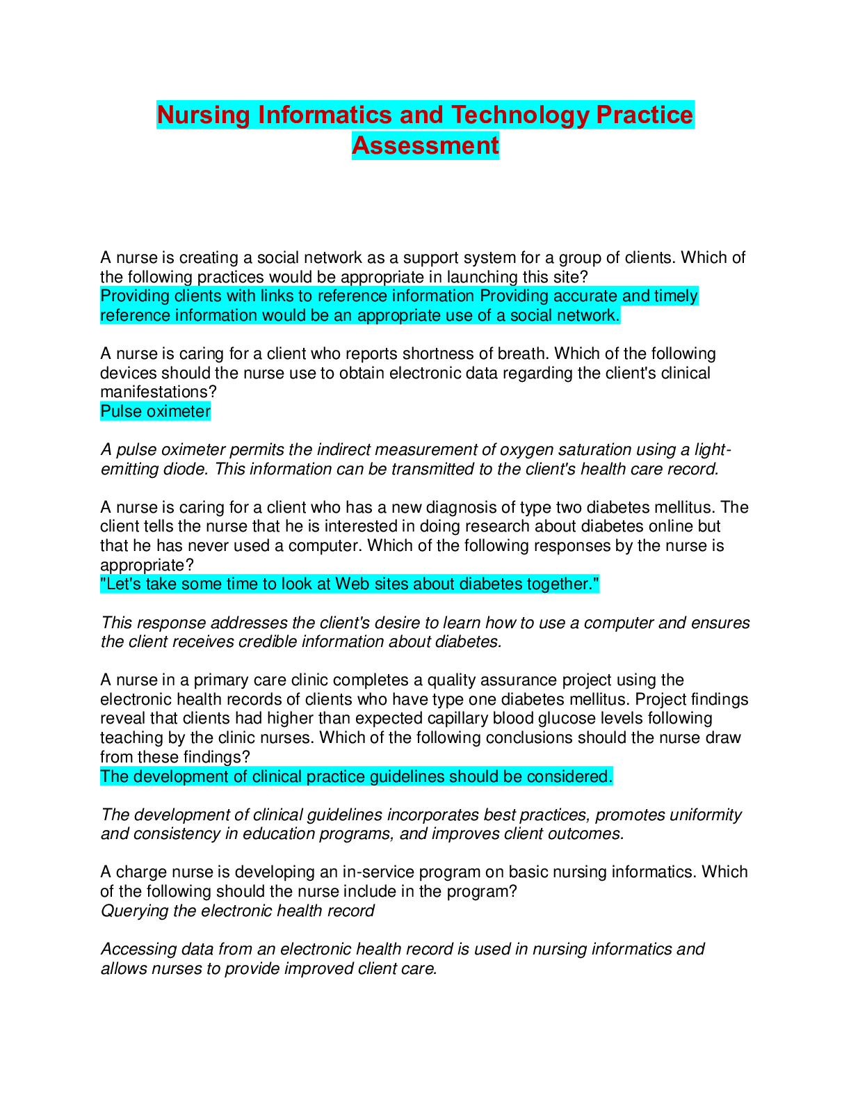 Nursing Informatics and Technology Practice Assessment | Q & A