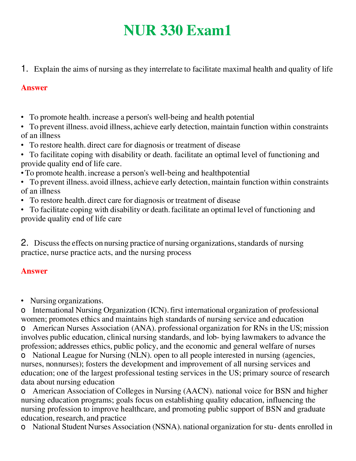 NUR 330   EXAM1 | A SOLVED 100% CORRECT