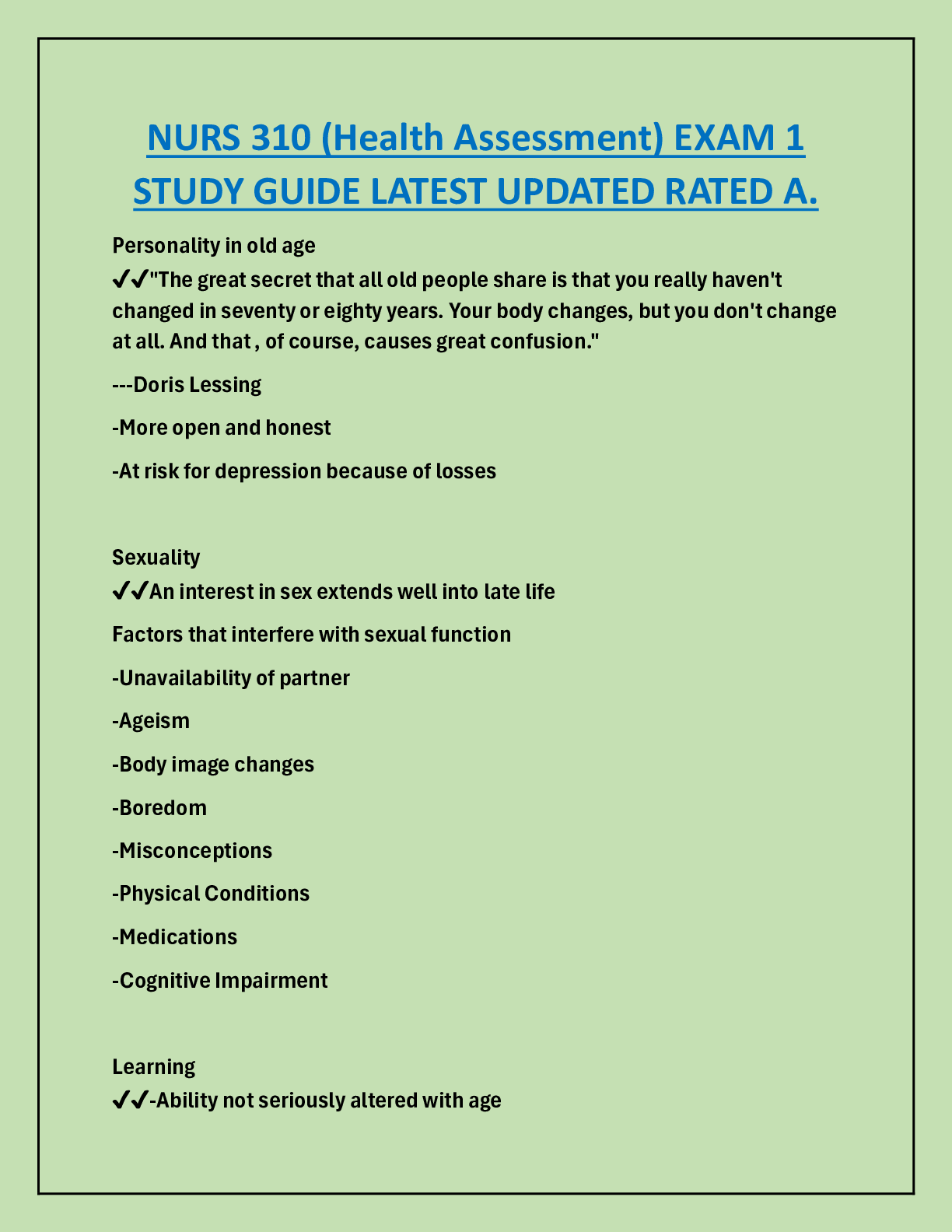 Preview image for NURS 310 (Health Assessment) EXAM 1 STUDY GUIDE LATEST UPDATED RATED A.